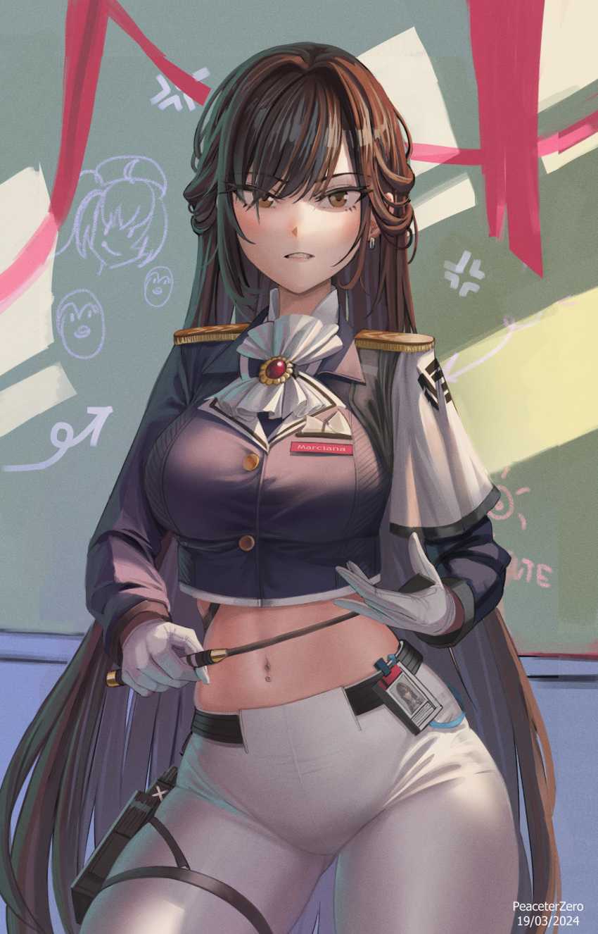 1girl anger_vein artist_name ascot black_jacket breasts brown_eyes brown_hair chalkboard commentary cowboy_shot crop_top cropped_jacket dated epaulettes gloves goddess_of_victory:_nikke highres holding_riding_crop holster id_card indoors jacket large_breasts long_hair long_sleeves looking_at_viewer marciana_(nikke) midriff military_jacket military_uniform name_tag navel navel_piercing pants parted_lips peaceterzero piercing rei_(nikke) riding_crop sidelocks solo standing thigh_holster thigh_strap tight_clothes tight_pants uniform very_long_hair white_ascot white_gloves white_pants