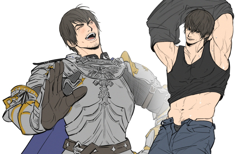 1boy adventurer_(ff14) armor bara black_hair black_pants black_tank_top blush closed_eyes doong_24 facial_hair final_fantasy final_fantasy_xiv gauntlets highres hyur large_pectorals male_focus muscular muscular_male navel open_mouth open_pants paladin_(final_fantasy) pants pectorals short_hair simple_background smile tank_top undressing warrior_of_light_(ff14) white_background