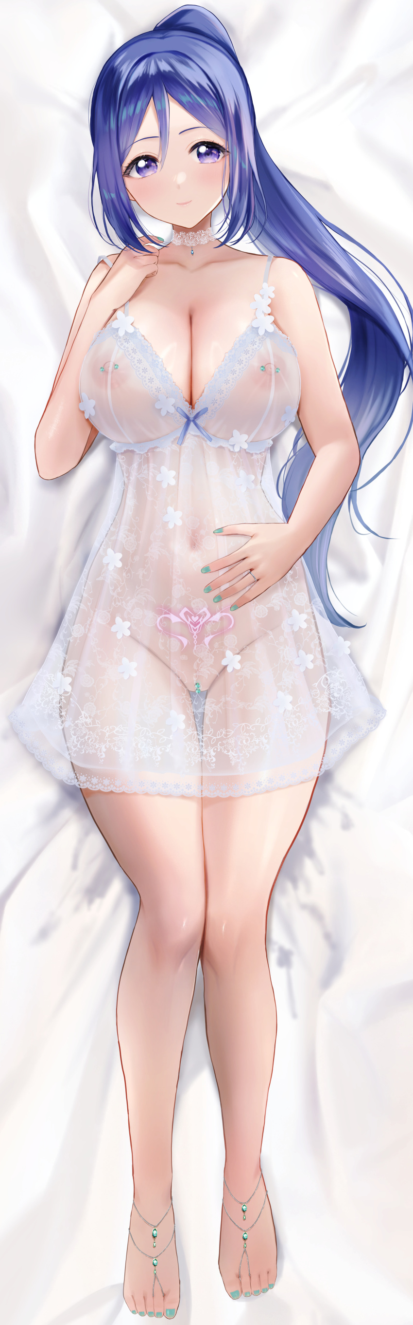1girl absurdres bed_sheet blue_hair blush breasts choker cleavage collarbone covered_navel covered_nipples dakimakura_(medium) fingernails groin highres lace lace_choker large_breasts long_hair looking_at_viewer love_live! love_live!_sunshine!! lying matsuura_kanan maumen nail_polish nipple_piercing on_back piercing ponytail pubic_tattoo see-through_chemise sidelocks smile solo tattoo toenail_polish toenails very_long_hair white_choker