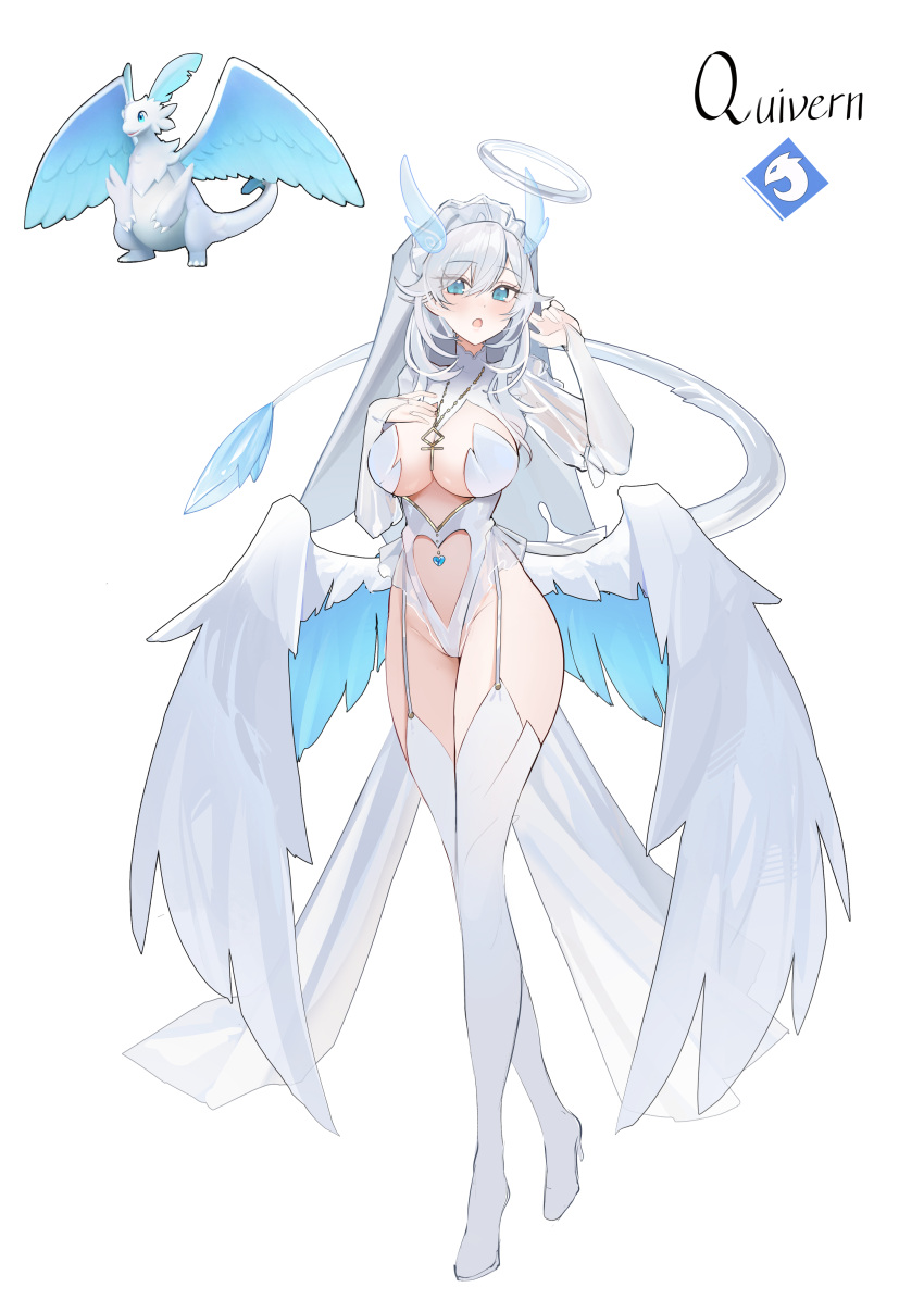 1girl :o absurdres blue_eyes blue_wings boots breasts bridal_gauntlets bridal_veil character_name cleavage clothing_cutout creature_and_personification dragon_girl dragon_tail feathered_wings full_body garter_straps hair_between_eyes halo hand_on_own_chest heart_cutout high_heels highres jewelry large_breasts leotard long_hair low_wings necklace open_mouth palworld personification quivern reference_inset reiko_lape simple_background solo tail thigh_boots thighhighs two-tone_wings veil white_background white_bridal_gauntlets white_hair white_halo white_leotard white_tail white_thighhighs white_wings wings