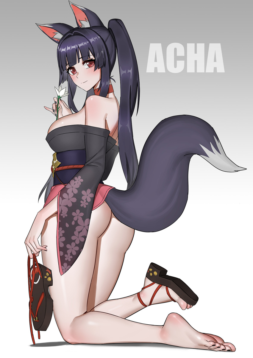 1girl animal_ear_fluff animal_ears ass bare_legs barefoot black_nails breasts feet flower fox_ears fox_girl fox_tail from_behind highres holding_sandals japanese_clothes kimono legs mikan_(rayer) original red_eyes sandals slit_pupils soles tail thighs toes twintails unworn_sandals w.q.y yukata