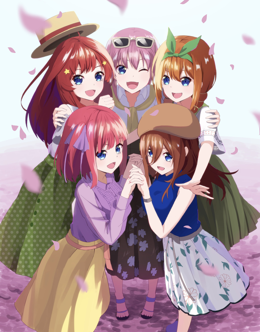 5girls :d ;d absurdres ahoge alternate_costume beret blue_eyes blue_shirt blunt_bangs blurry brown_hair brown_hat brown_skirt casual collared_shirt commentary_request depth_of_field eyebrows_hidden_by_hair eyewear_on_head falling_petals feet_out_of_frame floral_print full_body go-toubun_no_hanayome green_ribbon green_skirt hair_between_eyes hair_ornament hair_over_one_eye hair_ribbon hand_on_another's_shoulder hands_up happy hat highres holding_hands hug interlocked_fingers long_hair long_skirt long_sleeves looking_at_viewer medium_hair multiple_girls nakano_ichika nakano_itsuki nakano_miku nakano_nino nakano_yotsuba no_socks one_eye_closed open_mouth orange_hair petals pink_hair polka_dot polka_dot_skirt print_skirt purple_ribbon purple_shirt quintuplets red_hair ribbon sandals shirt short_sleeves siblings simple_background sisters skirt sleeveless sleeveless_shirt smile standing star_(symbol) star_hair_ornament sunglasses two_side_up white_background white_shirt white_skirt yasuba_yuichi yellow_hat yellow_skirt