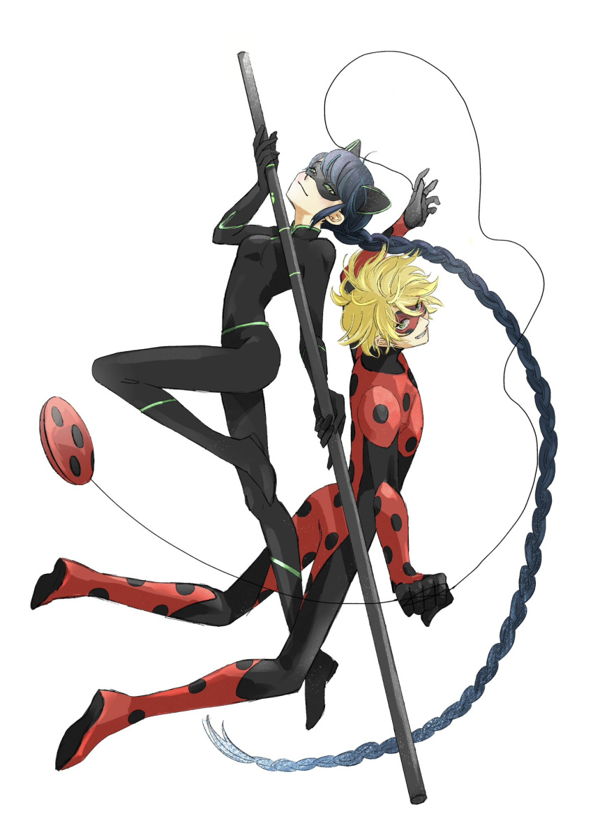 1boy 1girl adrien_agreste animal_ears black_bodysuit black_hair black_mask blonde_hair bodysuit braid cat_ears cat_girl full_body green_eyes highres holding holding_weapon hoshi_mi lady_noir long_hair looking_at_viewer marinette_dupain-cheng mask miraculous_ladybug misterbug_(character) red_bodysuit red_mask simple_background single_braid smile superhero_costume weapon white_background yo-yo