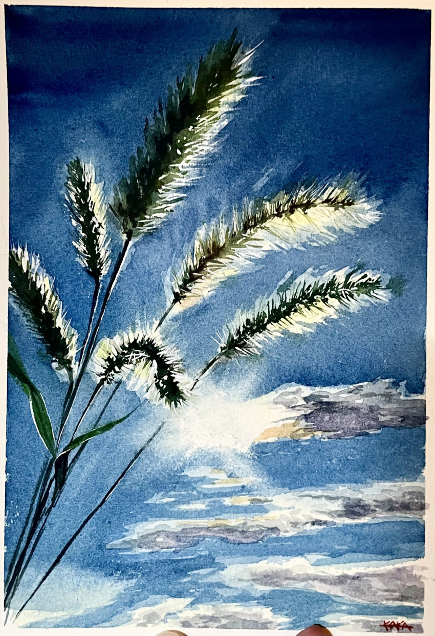 blue_sky cloud cloudy_sky highres light_rays no_humans original painting_(medium) plant plant_focus realistic scenery shibakaka sky sky_focus sun sunlight traditional_media watercolor_(medium) wheat