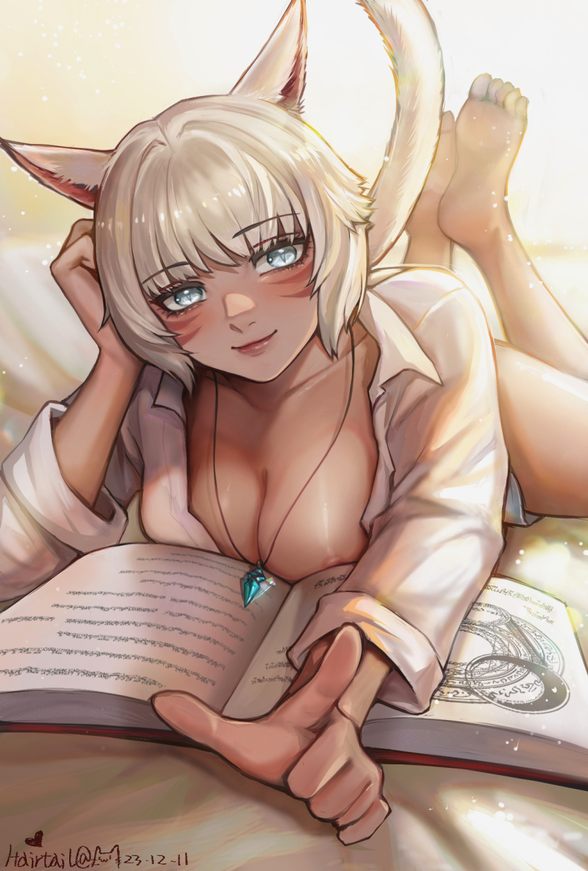 1girl animal_ears barefoot bed_sheet blue_eyes book breasts cat_ears cat_girl cat_tail cleavage collarbone commentary_request dark-skinned_female dark_skin dated eyelashes final_fantasy final_fantasy_xiv hairtail heart highres jewelry looking_at_viewer lying miqo'te naked_shirt necklace nipple_slip nipples on_bed on_stomach open_book open_clothes open_shirt pendant pointing pointing_at_viewer shiny_skin shirt short_hair slit_pupils smile solo tail the_pose twitter_username white_hair white_shirt y'shtola_rhul