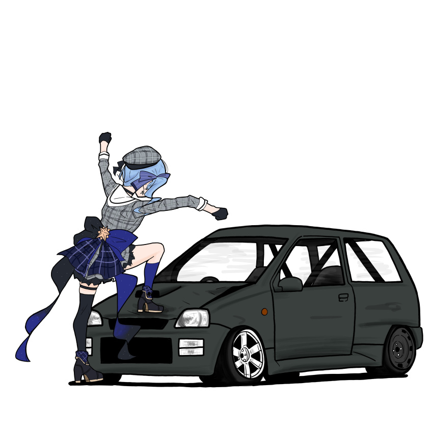 1girl absurdres ankle_boots arms_up beret black_car black_footwear black_gloves black_thighhighs blue_bow blue_hair blue_ribbon blue_socks boots bow car frilled_skirt frills from_behind gloves grey_hat grey_jacket grey_skirt hair_bow hat high_heel_boots high_heels highres hololive hoshimachi_suisei hoshimachi_suisei_(1st_costume) jacket kicking kneehighs large_bow looking_at_object miniskirt motor_vehicle on_vehicle photo-referenced plaid plaid_headwear plaid_jacket plaid_skirt ribbon sidelocks simple_background single_kneehigh single_sock single_thighhigh skirt skirt_set sleeves_past_elbows socks solo standing subaru_(brand) subaru_rex thigh_strap thighhighs vehicle_focus virtual_youtuber waist_bow white_background wine_(kinakomochi_rip) wreckage
