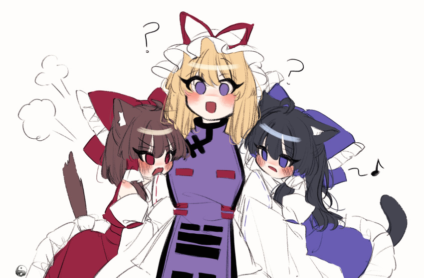 3girls ? absurdres alternate_color animal_ears black_hair blonde_hair blush bow brown_hair cat_ears cat_tail commentary_request detached_sleeves dress dual_persona frilled_bow frilled_hair_tubes frills hair_bow hair_tubes hakurei_reimu hat hat_ribbon highres hug korean_commentary long_hair long_sleeves mob_cap multiple_girls musical_note open_mouth purple_bow purple_eyes purple_skirt purple_tabard red_bow red_eyes red_ribbon ribbon ribbon-trimmed_sleeves ribbon_trim skirt tabard tail tohou89 touhou yakumo_yukari yuri