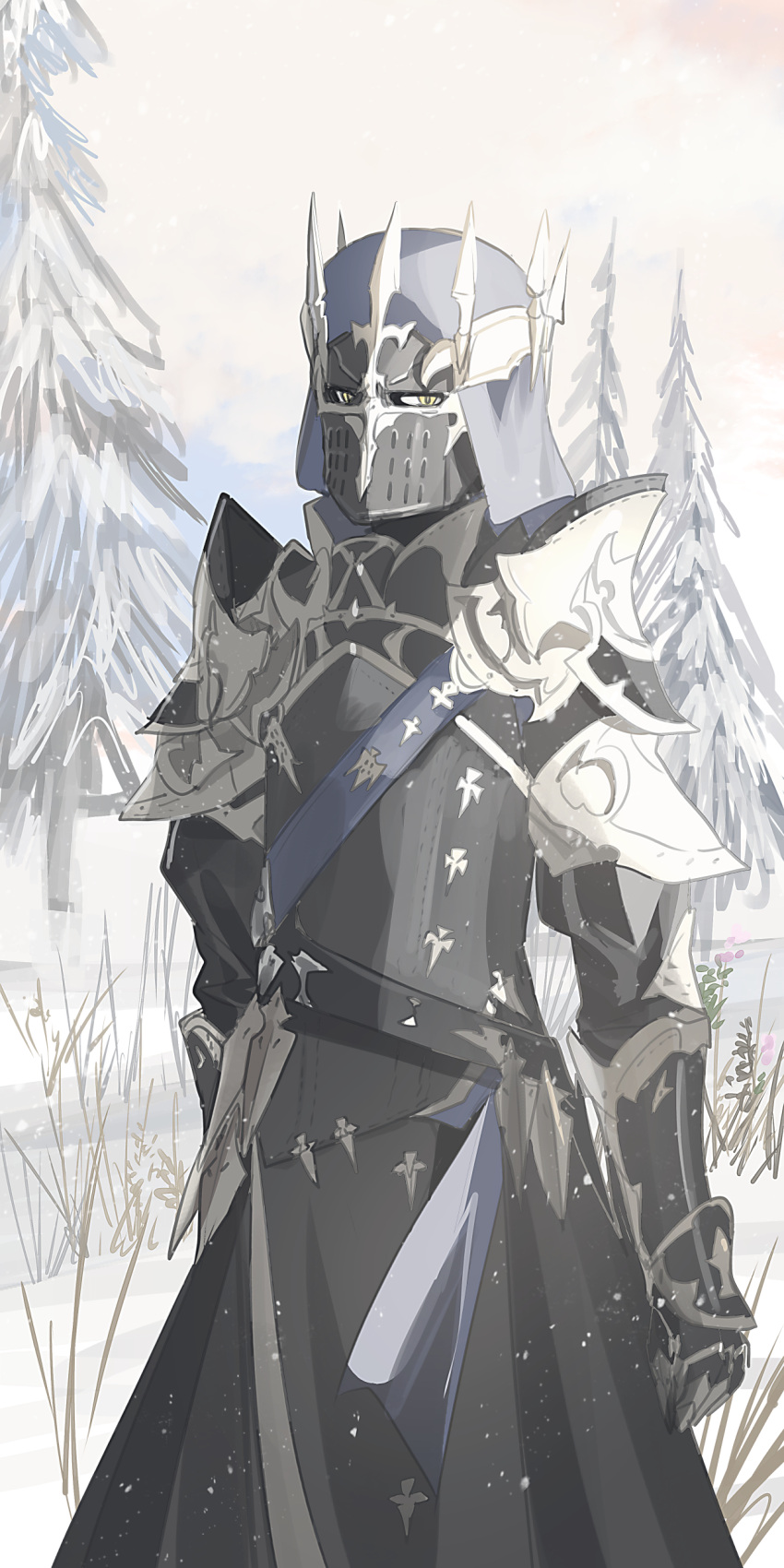 1other absurdres ambiguous_gender armor breastplate chihuri cloud cloudy_sky commentary_request final_fantasy final_fantasy_xiv fray_myste full_armor gauntlets helm helmet highres looking_at_viewer other_focus outdoors sky snow solo tree yellow_eyes