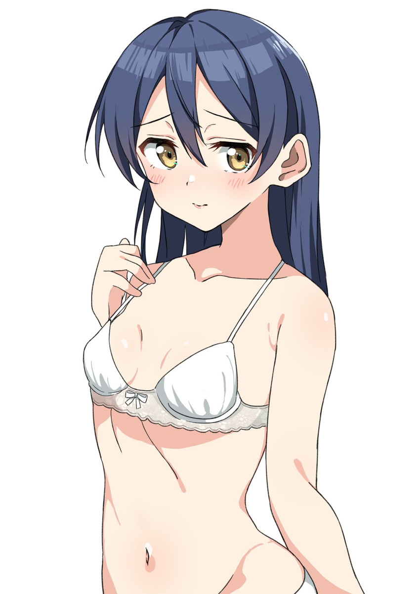 1girl armpit_crease bare_shoulders bikini blue_hair blush breasts breasts_apart closed_mouth collarbone commentary_request djpwjd1 furrowed_brow groin hair_between_eyes highres long_hair looking_at_viewer love_live! love_live!_school_idol_project midriff navel panties sidelocks small_breasts solo sonoda_umi swimsuit underwear upper_body white_background white_bikini white_panties yellow_eyes