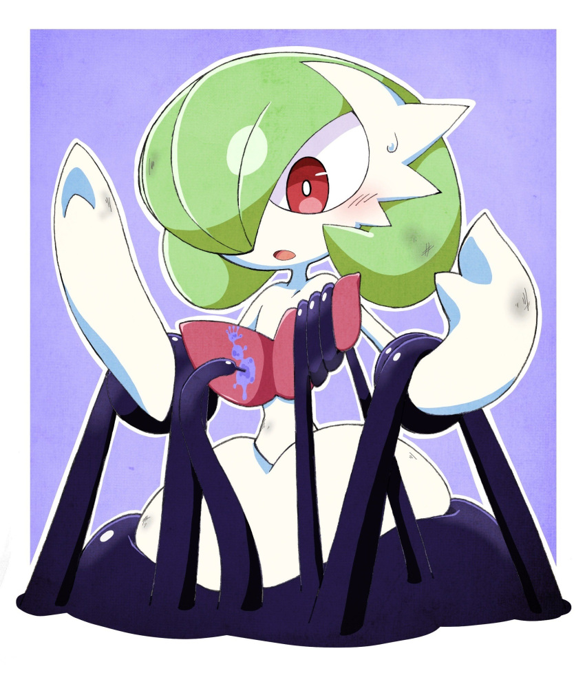absurdres blush bob_cut colored_skin dirty dirty_face dirty_hands envi55109095 gardevoir green_hair hair_over_one_eye highres mega_gardevoir multicolored_skin open_mouth pink_eyes pokemon pokemon_(creature) purple_background restrained simple_background tentacles two-tone_skin white_skin