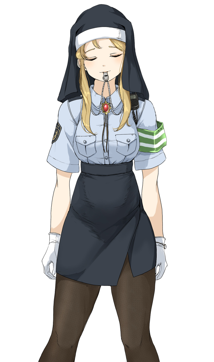 1girl black_pantyhose blonde_hair blowing_whistle blue_shirt blush breasts clarice_(idolmaster) closed_eyes cosplay cowboy_shot dot_nose front_slit gatsby_ssl gloves green_sash grey_skirt highres idolmaster idolmaster_cinderella_girls idolmaster_cinderella_girls_starlight_stage katagiri_sanae katagiri_sanae_(cosplay) long_hair medium_breasts mouth_hold pantyhose police police_uniform red_brooch sash shirt short_sleeves sidelocks skirt solo standing striped_sash uniform walkie-talkie white_gloves