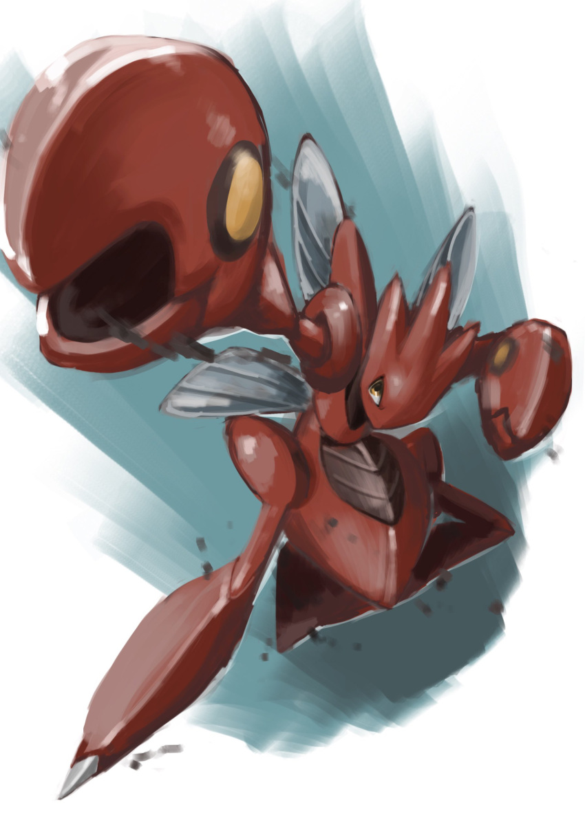 absurdres brown_eyes bug claws colored_skin full_body green_background highres multiple_wings no_humans pokemon pokemon_(creature) red_skin scizor solo tartarte_tatin white_background wings