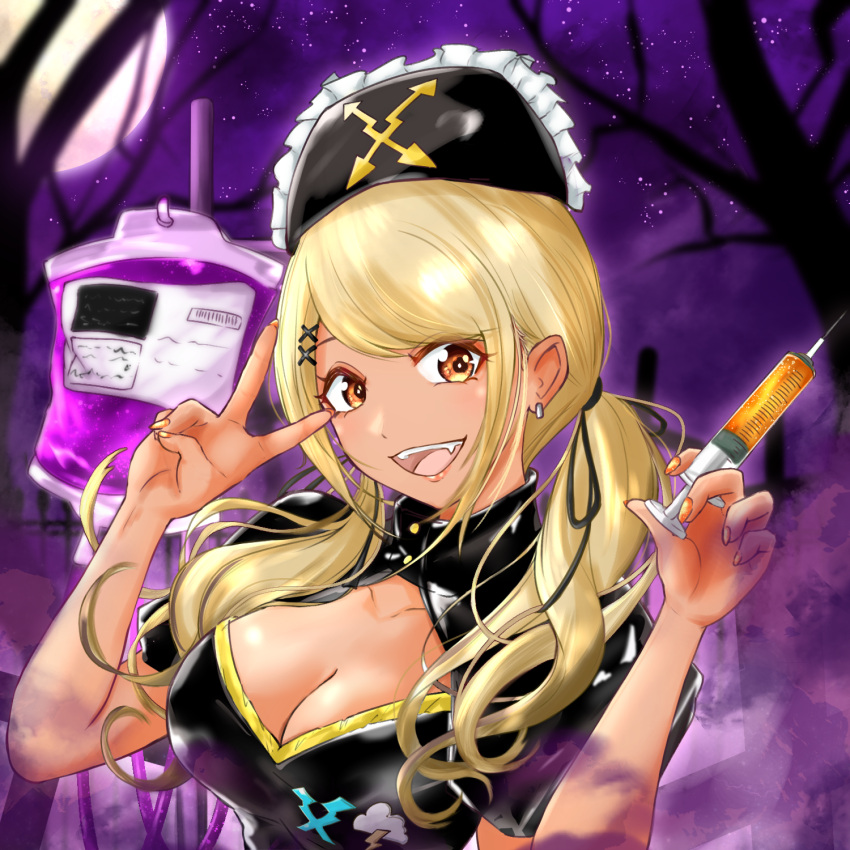 1girl bare_tree black_dress black_hat blood blood_bag breasts brown_eyes cleavage_cutout clothing_cutout dark-skinned_female dark_skin dress fangs frilled_hat frills gyaru hair_behind_ear hat highres holding holding_syringe kaminari_qpi kuma_no_gyuunyuu-ya-san looking_at_viewer low_twintails medium_breasts moon night night_sky nurse nurse_cap sky smile solo star_(sky) syringe tree twintails v virtual_youtuber vspo!