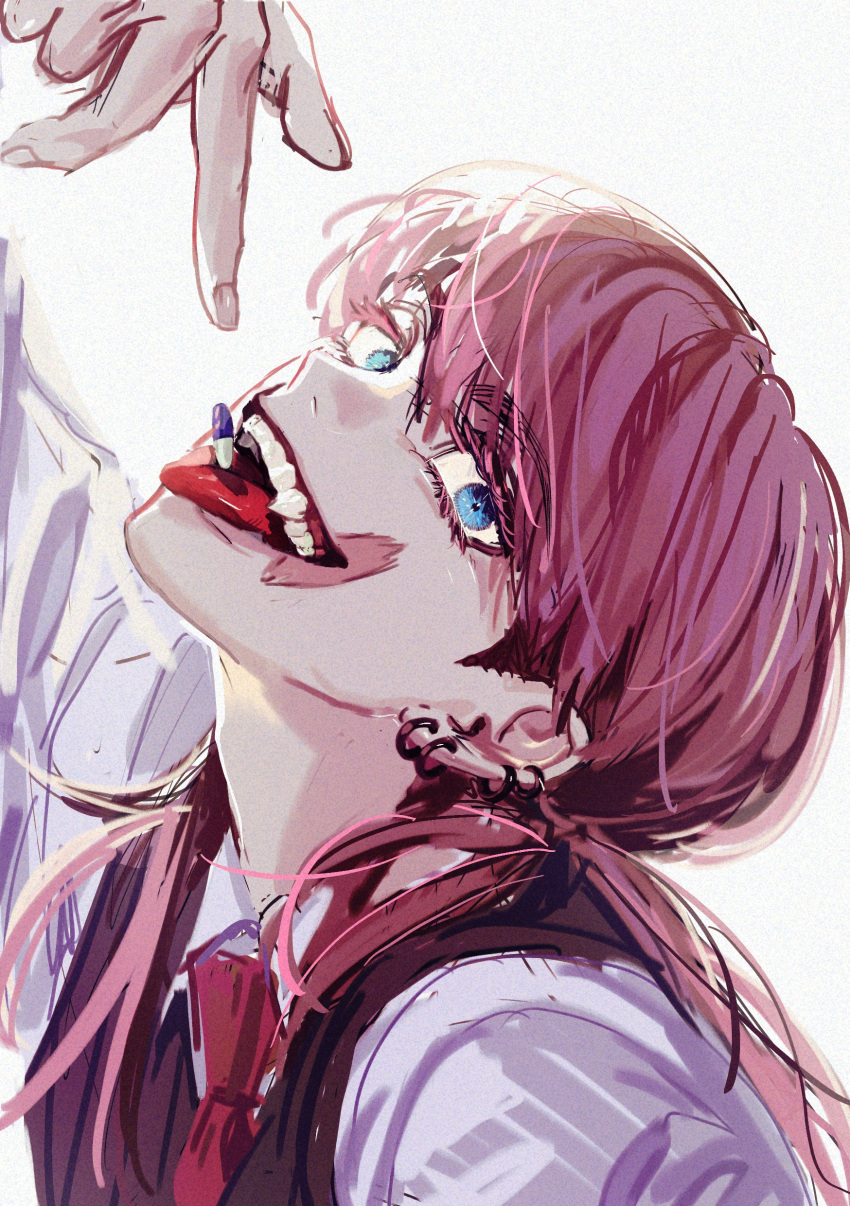 1boy absurdres babjeuoman blue_eyes ear_piercing evil_grin evil_smile from_side grin head_tilt highres male_focus necktie open_mouth piercing pill pink_hair sanzu_haruchiyo scar scar_on_face sleeves_rolled_up smile striped_clothes suit tokyo_revengers tongue tongue_out vest wolf_cut