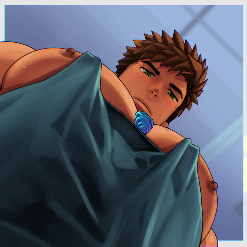 1boy alex_(stardew_valley) arima_(arima_bn) bara blank_stare brown_hair dark-skinned_male dark_skin foreshortening from_below green_eyes green_tank_top highres jewelry large_pectorals looking_at_viewer looking_down male_focus meme muscular muscular_male necklace necklace_between_pecs nipple_slip nipples pectoral_cleavage pectoral_focus pectorals photo-referenced protected_link shell shell_necklace short_hair sidepec solo stardew_valley sweat tank_top thick_eyebrows upper_body yur_oc_like_this_(meme)