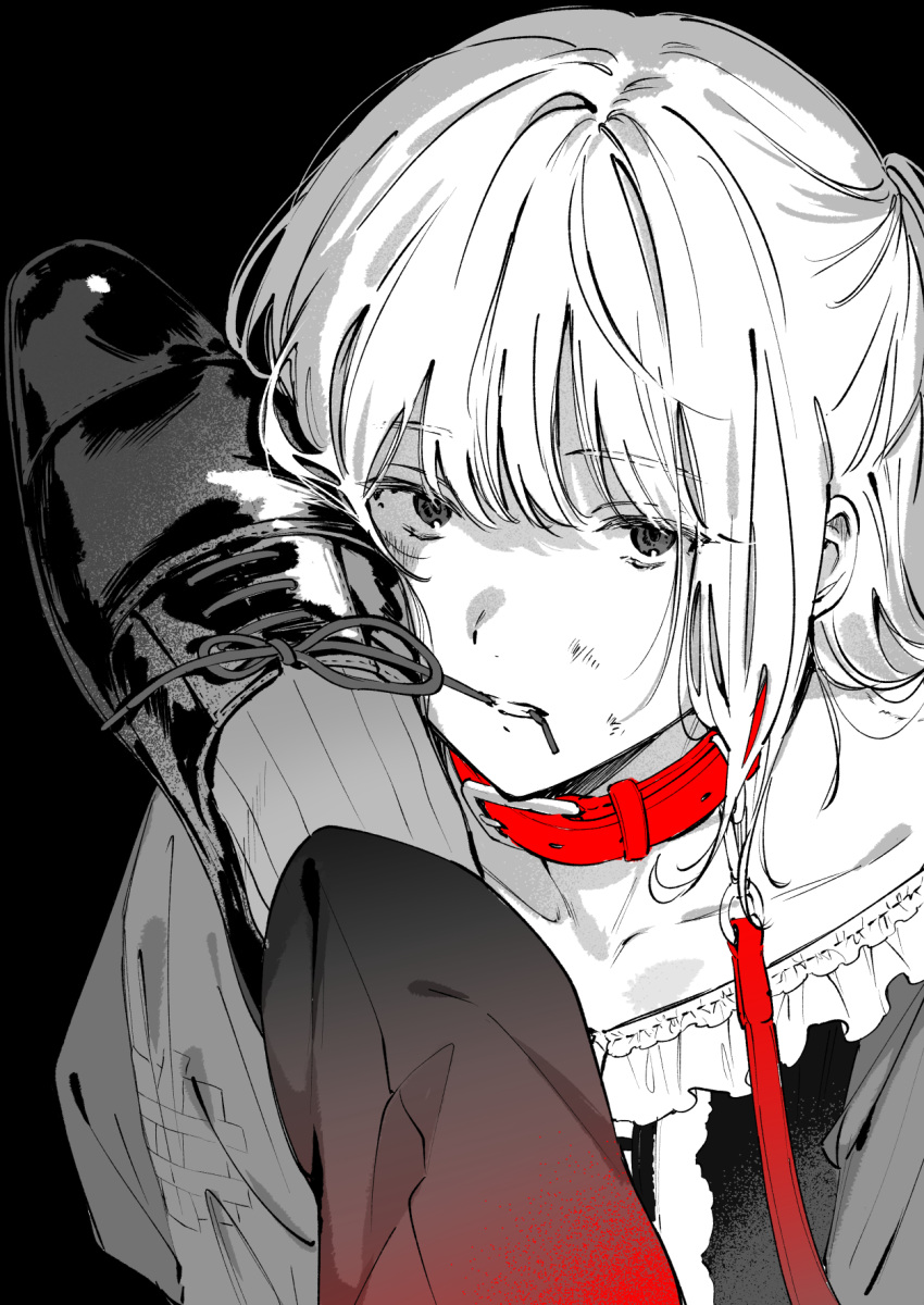 1boy animal_collar bishounen biting bruise bruise_on_face collar crossdressing dm_owr highres injury looking_at_viewer male_focus monochrome original pov pov_legs shoes