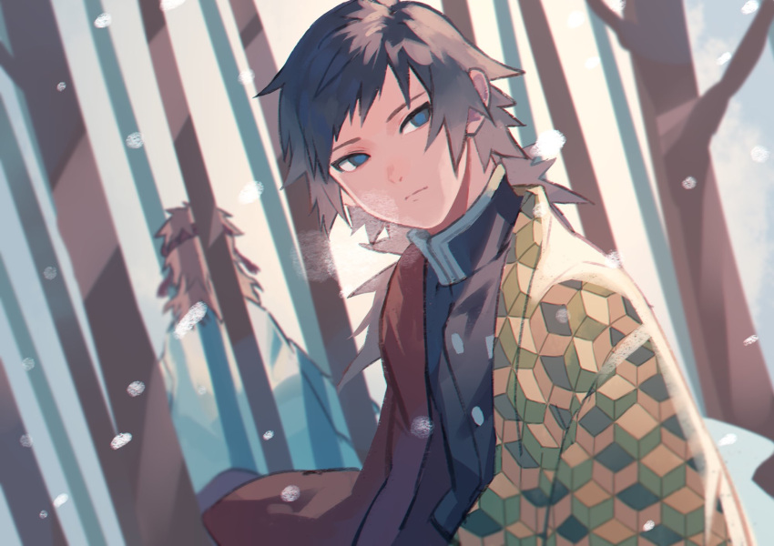 2boys black_hair blue_eyes closed_mouth haori highres holding jacket japanese_clothes kimetsu_no_yaiba kimono long_hair long_sleeves male_focus multicolored_hair multiple_boys sabito_(kimetsu) shirukokko short_hair snow snowing tomioka_giyuu tree