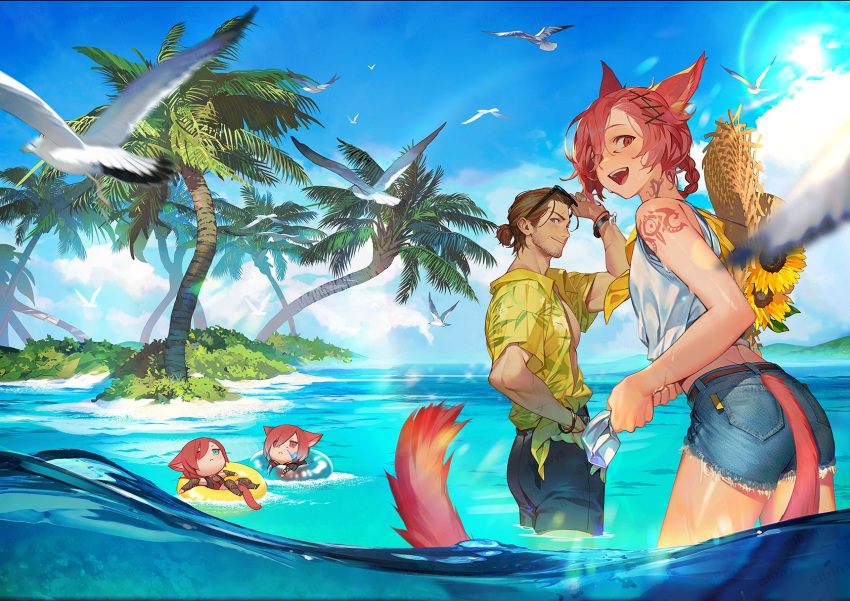 4boys :d adjusting_eyewear adventurer_(ff14) alternate_costume animal_ears arm_tattoo bare_arms bare_shoulders beard_stubble bird black_shorts blue_sky bracelet braid brown_hair cat_boy cat_ears cat_tail cloud commentary crystal_exarch denim denim_shorts eyewear_on_head facial_hair facial_mark ffxivys final_fantasy final_fantasy_xiv flower g'raha_tia hair_bun hair_ornament hair_over_one_eye hand_on_eyewear hand_on_own_hip hat hawaiian_shirt highres hyur innertube jewelry lens_flare looking_at_viewer looking_back male_focus mini_person miniboy miqo'te multiple_boys multiple_persona neck_tattoo neckerchief ocean one_eye_covered open_mouth outdoors palm_tree red_eyes red_hair scenery seagull shirt short_hair shorts single_braid single_hair_bun sky sleeveless sleeveless_shirt slit_pupils smile standing straw_hat stubble summer sun_hat sunflower sunglasses swept_bangs swim_ring symbol-only_commentary tail tail_through_clothes tattoo tree unworn_hat unworn_headwear wading warrior_of_light_(ff14) water white_shirt wide_shot wringing_clothes x_hair_ornament yellow_innertube yellow_neckerchief yellow_shirt