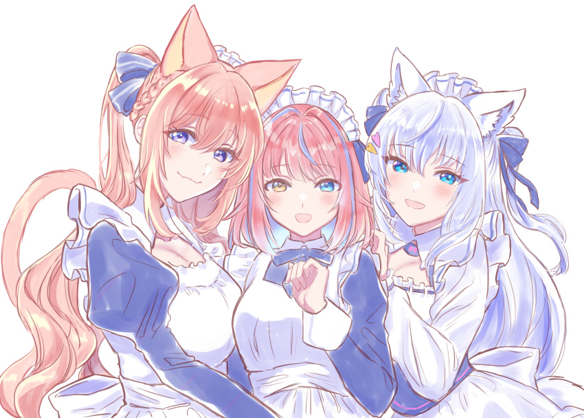 3girls absurdres animal_ears apron blue_dress blue_eyes blue_ribbon blush braid cat_ears cat_girl cat_tail closed_mouth commentary_request dress enomiya_milk fang french_braid hair_ornament hair_ribbon hand_on_another's_shoulder heart heart_hair_ornament heterochromia highres juliet_sleeves kurumizawa_momo_(noripro) long_hair long_sleeves looking_at_viewer maid maid_apron maid_headdress multiple_girls neck_ribbon noripro open_mouth orange_hair puffy_sleeves purple_eyes purple_hair ribbon shirayuki_mishiro simple_background skin_fang smile tail upper_body virtual_youtuber white_apron white_background yellow_eyes yuri_kyanon
