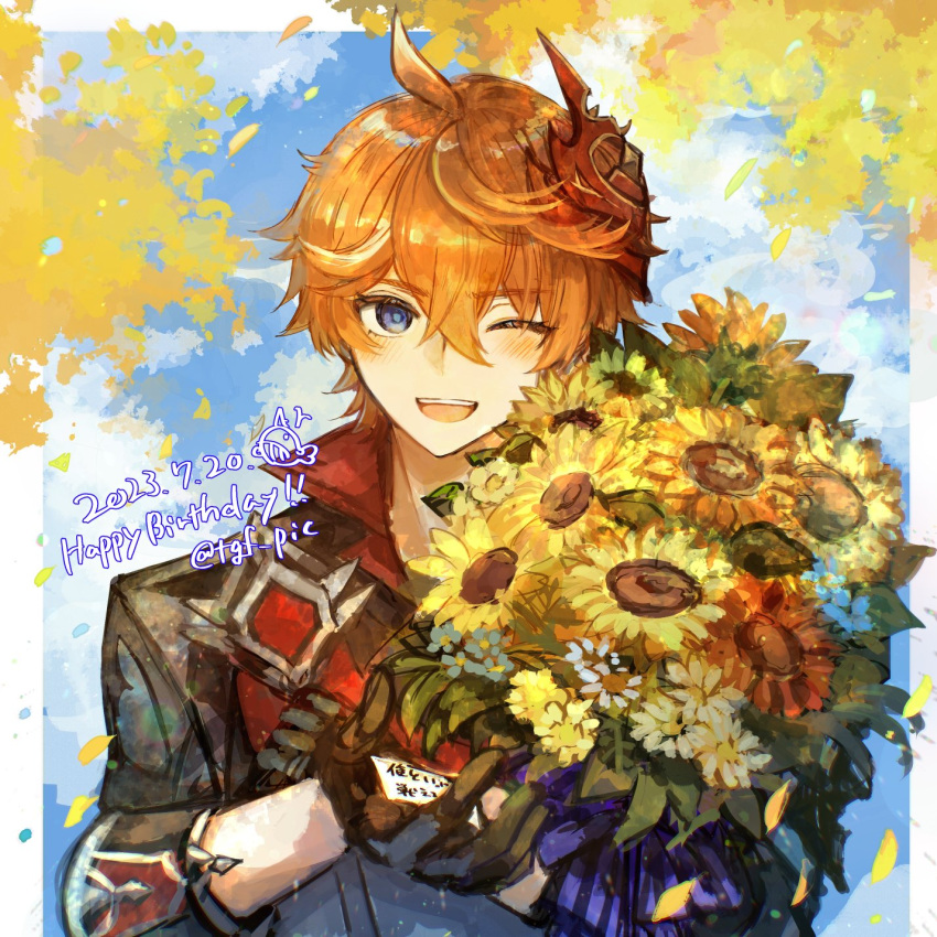 1boy black_gloves blue_eyes blue_flower blush bouquet cloud dated day flower genshin_impact gloves hair_between_eyes happy_birthday highres holding holding_bouquet looking_at_viewer male_focus mask mask_on_head one_eye_closed open_mouth orange_hair outdoors red_flower red_mask sky solo sunflower tartaglia_(genshin_impact) tgf_pic twitter_username upper_body white_flower yellow_flower