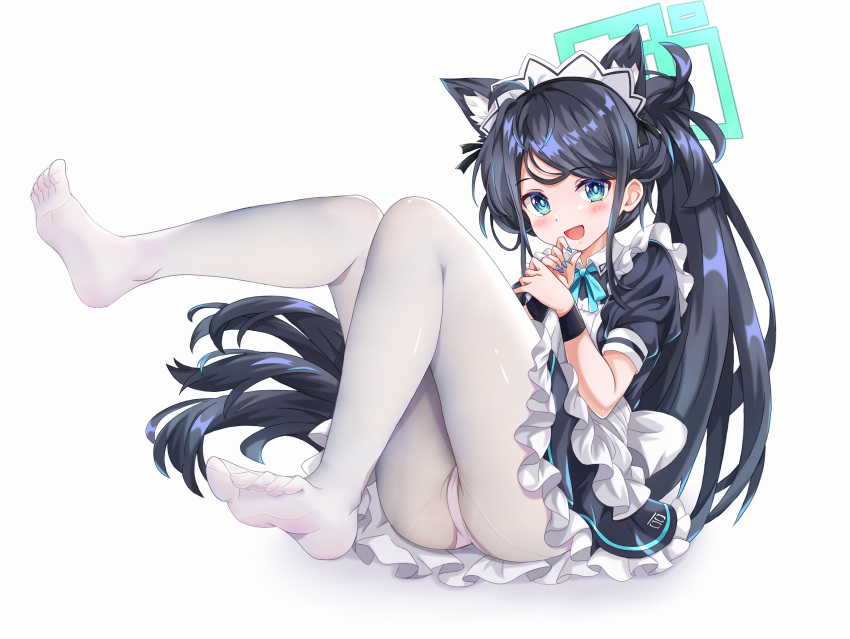 1girl :d absurdres animal_ear_fluff animal_ears apron aris_(blue_archive) aris_(maid)_(blue_archive) ass black_dress black_hair blue_archive blue_eyes blue_nails blush cat_ears chinese_commentary commentary_request dress feet foot_up frilled_apron frilled_dress frills full_body halo highres legs long_hair looking_at_viewer maid maid_apron maid_headdress no_shoes official_alternate_costume open_mouth own_hands_together panties panties_under_pantyhose pantyhose ponytail puffy_short_sleeves puffy_sleeves short_sleeves simple_background sitting smile soles solo toes underwear very_long_hair white_apron white_background white_panties white_pantyhose yuki_kokoro