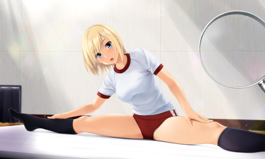 1girl black_socks blonde_hair blue_eyes buruma feet_out_of_frame gym_uniform hair_between_eyes indoors kneehighs leaning_to_the_side looking_at_viewer magnifying_glass mattress no_shoes nonaka_ritsu open_mouth original red_buruma shirt short_sleeves socks solo split white_shirt