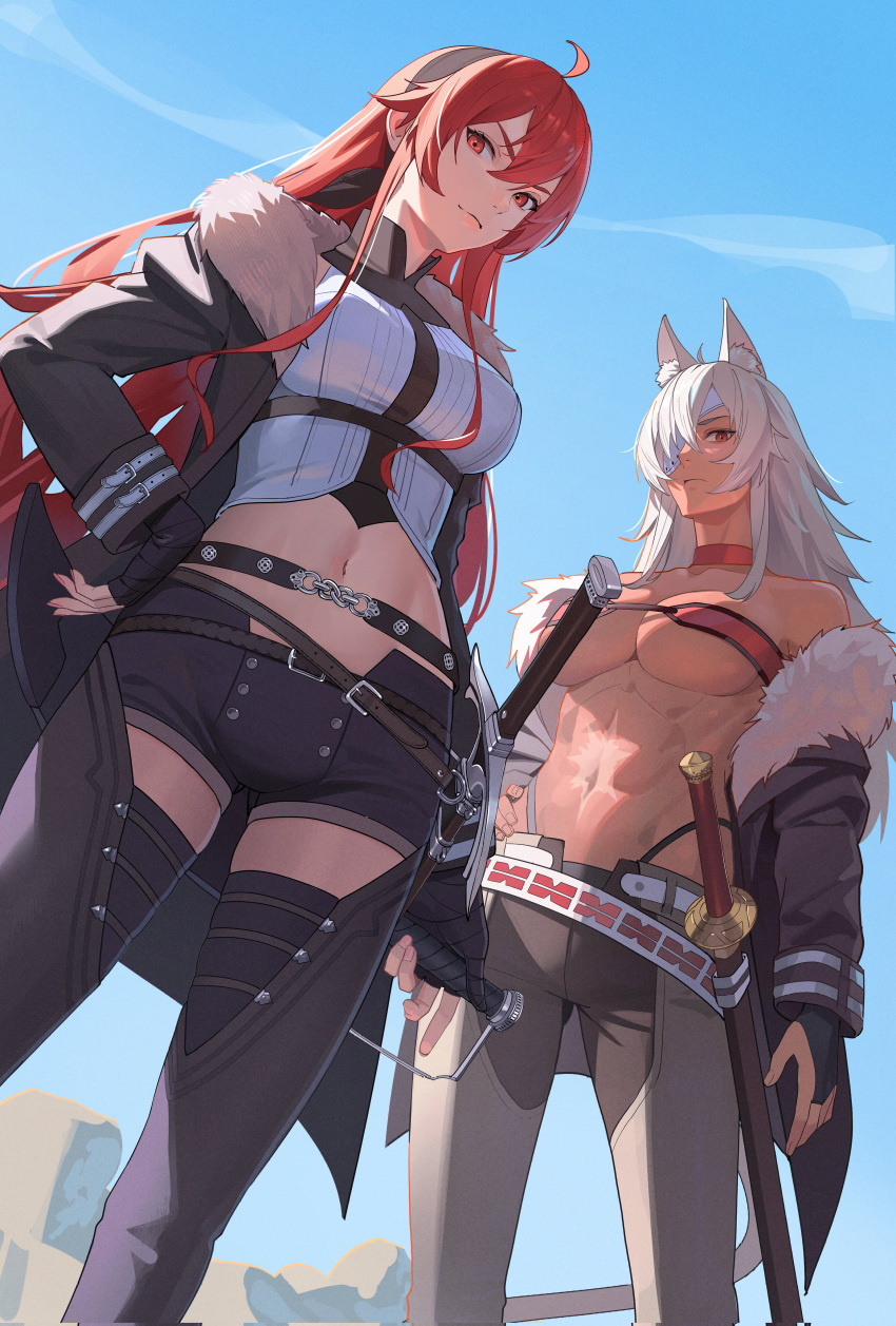 2girls abs absurdres ahoge bandeau belt blue_sky breasts bridal_garter choker closed_mouth coat drid eris_greyrat eyepatch fingerless_gloves from_below fur-trimmed_jacket fur_trim ghislaine_dedoldia gloves green_pants grey_hair hair_between_eyes hair_over_one_eye hand_on_own_hip highleg highleg_panties highres jacket large_breasts long_hair looking_at_viewer midriff multiple_girls muscular muscular_female mushoku_tensei navel one-eyed open_belt open_clothes open_coat open_pants panties pants red_bandeau red_choker red_eyes red_hair scar scar_on_stomach sheath sheathed sky standing sword tan underboob underwear weapon