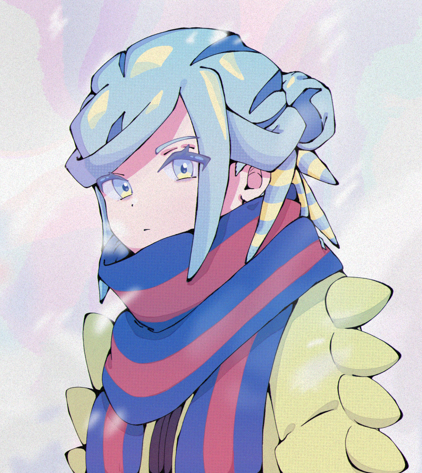 1boy blue_scarf closed_mouth commentary_request eyelashes grusha_(pokemon) hair_bun highres jacket koto-sensei looking_at_viewer male_focus outdoors pokemon pokemon_sv scarf snowing solo striped_clothes striped_scarf upper_body yellow_jacket