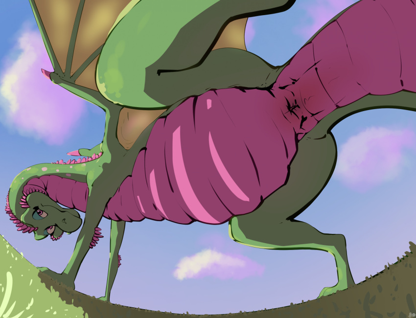 2024 animal_genitalia bedroom_eyes belly_scales big_tail blue_sky cel_shading cloaca cloud day detailed_background digital_drawing_(artwork) digital_media_(artwork) digitigrade dragon dragon_(lucky_charms) european_mythology eyelashes female feral fisheye_lens fizzpop general_mills genitals grass green_body green_scales hi_res long_tail looking_at_viewer looking_back looking_back_at_viewer looking_down looking_down_at_viewer low-angle_view lucky_charms membrane_(anatomy) membranous_wings multicolored_body multicolored_scales mythological_creature mythological_scalie mythology narrowed_eyes one_leg_up outside pink_body pink_eyes pink_scales plant presenting presenting_cloaca quadruped raised_leg rear_view scales scalie seductive shaded sky snout solo tail thick_tail two_tone_body two_tone_scales western_dragon wings worm's-eye_view