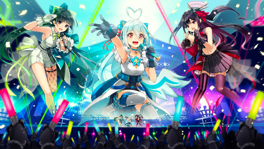 3girls :d ahoge asymmetrical_legwear bare_shoulders black_gloves black_hair blue_hair bow cheering concert crop_top detached_sleeves edo_(oshiro_project) fold-over_boots garter_straps gloves gradient_hair green_ribbon hair_bow heart heart_ahoge highres holding holding_glowstick holding_microphone idol kneeling leaning_forward long_hair microphone miniskirt mismatched_legwear multicolored_hair multiple_girls music navel neck_ribbon on_one_knee oshiro_project:re outstretched_arm pleated_skirt ponytail purple_eyes purple_hair purple_thighhighs red_eyes ribbon second-party_source shigisan_(oshiro_project) shirt short_shorts shorts singing single_detached_sleeve single_fishnet_legwear single_garter_strap single_glove skirt sleeveless sleeveless_shirt smile stage stage_lights streaked_hair striped_clothes striped_thighhighs teeth thighhighs truss upper_teeth_only vertical-striped_clothes vertical-striped_thighhighs very_long_hair white_gloves white_hair yanagawa_(oshiro_project) zettai_ryouiki zoom_layer