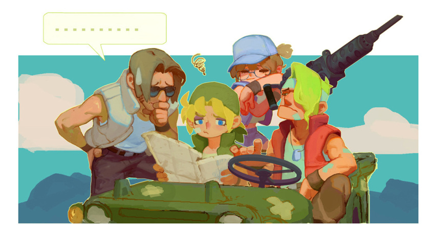 ... annoyed bandages bandana baseball_cap belt black_belt blonde_hair blue_eyes blue_shorts blue_vest brown_eyes brown_hair closed_eyes dog_tags fio_germi fl_(l-fl) glasses green_bandana green_vest gun hat heavy_machine_gun jeep kasamoto_eri light_blush long_sideburns machine_gun map marco_rossi metal_slug motor_vehicle one_eye_covered ponytail red_vest shorts sideburns sky squiggle sunglasses sweatdrop tarma_roving vest weapon white_undershirt white_vest wristband