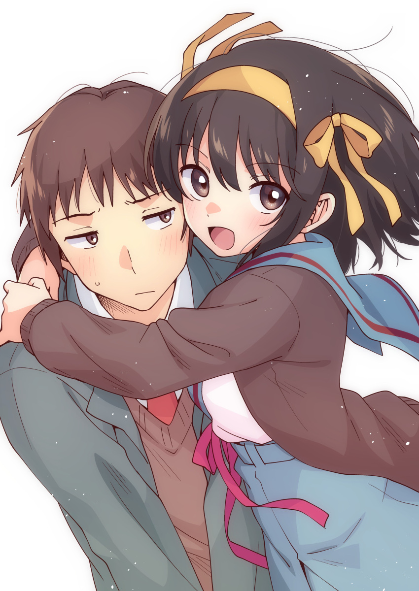 1boy 1girl :d absurdres blazer blue_sailor_collar blue_skirt bob_cut brown_cardigan brown_eyes brown_hair brown_sweater_vest cardigan closed_mouth collared_shirt commentary_request green_jacket hair_ribbon hairband highres hug jacket kita_high_school_uniform kyon long_sleeves looking_at_viewer medium_hair necktie open_cardigan open_clothes open_jacket open_mouth pleated_skirt red_necktie red_ribbon ribbon sailor_collar school_uniform serafuku shirt short_hair skirt smile suzumiya_haruhi suzumiya_haruhi_no_yuuutsu sweatdrop sweater_vest taiki_(6240taiki) tongue white_shirt winter_uniform yellow_hairband yellow_ribbon