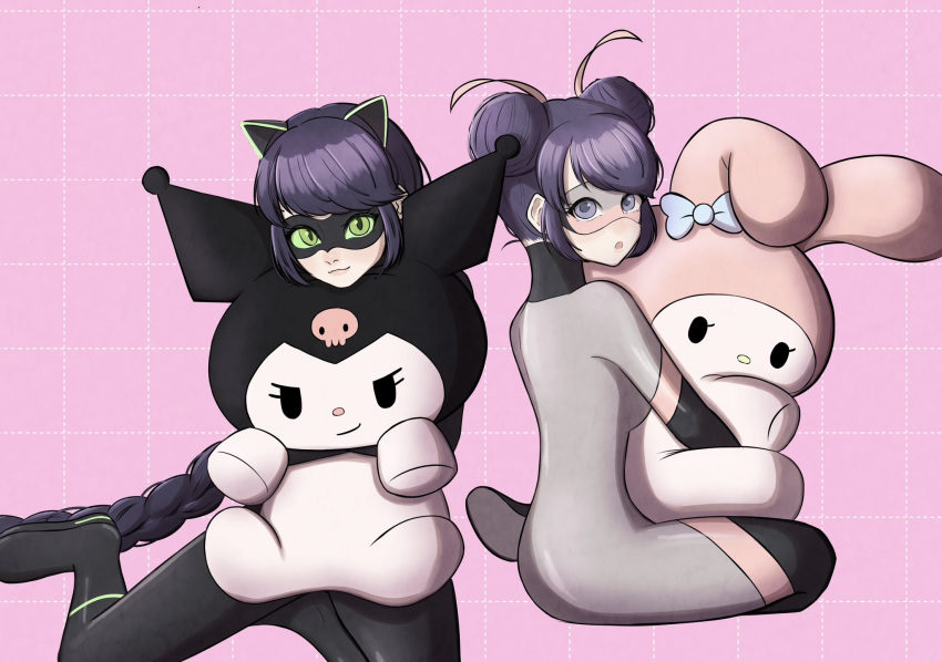 2girls animal animal_ears black_bodysuit black_hair black_mask blue_eyes blue_hair bodysuit braid cat_ears cat_girl closed_mouth green_eyes grey_bodysuit grey_mask highres hug kuromi lady_noir long_hair marinette_dupain-cheng mask miraculous_ladybug multimouse_(character) multiple_girls my_melody pink_background simple_background single_braid sitting slit_pupils smile stuffed_animal stuffed_toy superhero_costume tutuzi_ladybug