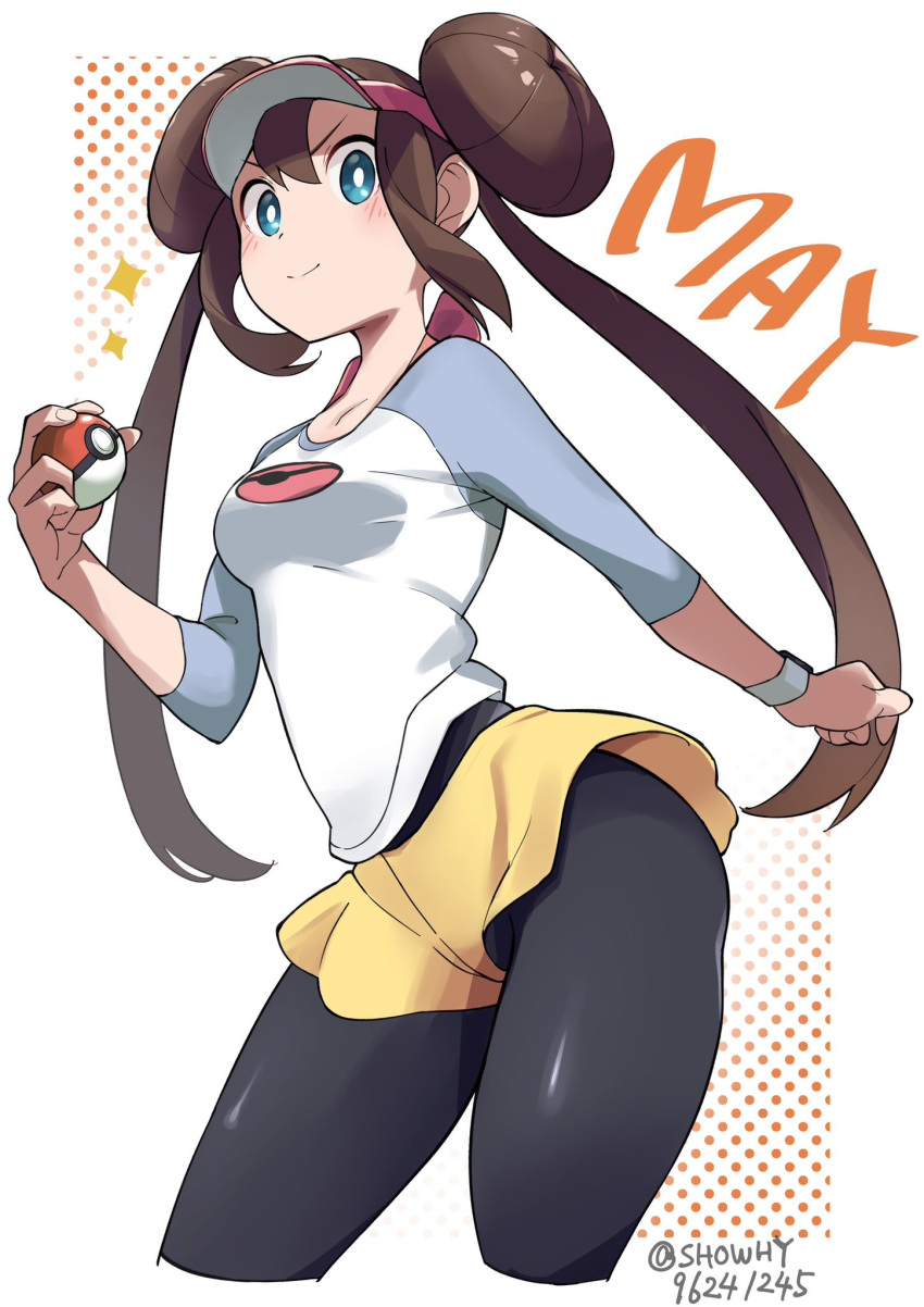 1girl black_pantyhose blue_eyes blush breasts brown_hair double_bun hair_bun hat highres holding holding_poke_ball long_hair looking_at_viewer medium_breasts pantyhose poke_ball pokemon pokemon_bw2 rosa_(pokemon) shorts showhey!! smile solo twintails visor_cap yellow_shorts