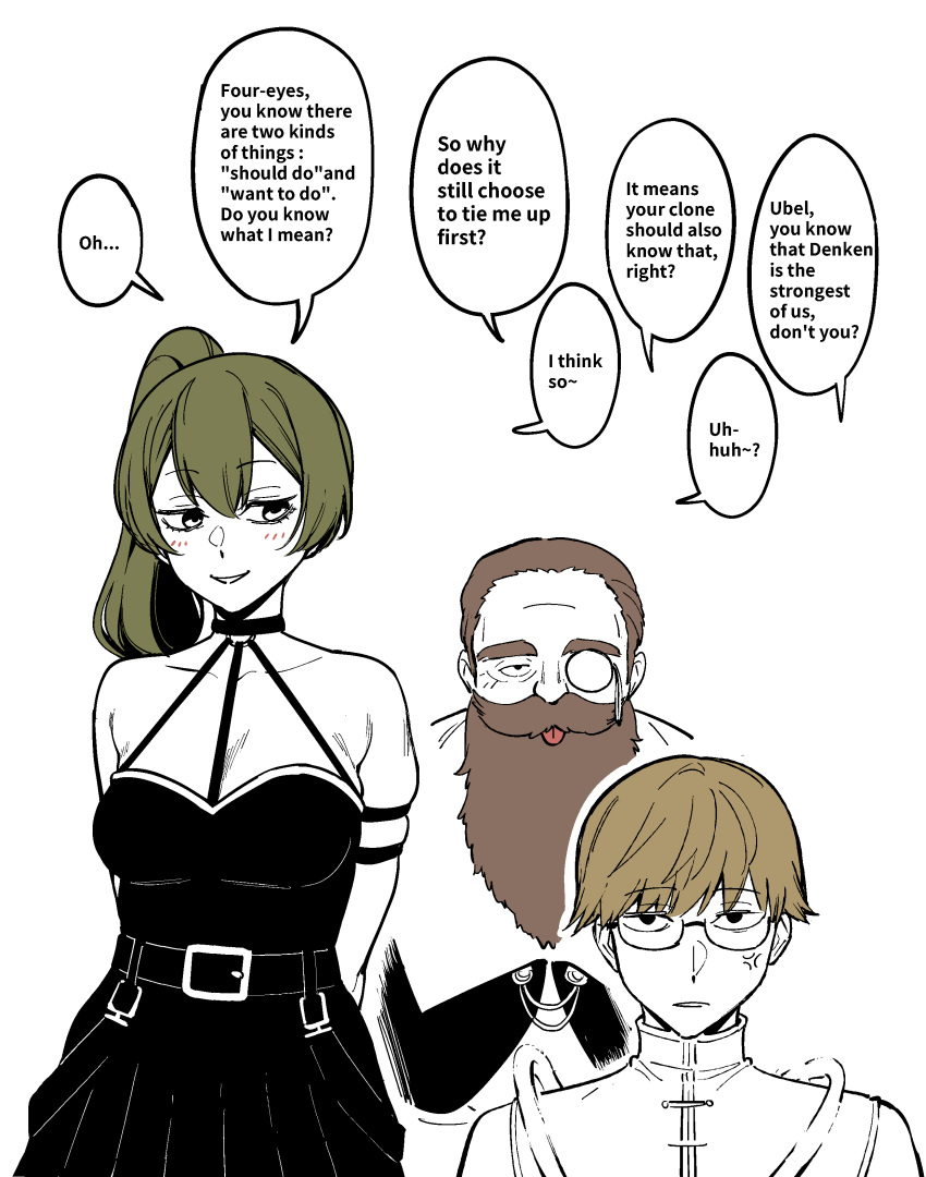 1girl 2boys absurdres anger_vein arms_behind_back beard black_dress blonde_hair bound brown_hair choker commentary_request denken_(sousou_no_frieren) dress f.w.zholic facial_hair glasses green_hair halter_dress halterneck hard-translated highres land_(sousou_no_frieren) limited_palette long_beard magic monocle multiple_boys ponytail short_hair side_ponytail skindentation smile sousou_no_frieren third-party_edit tongue tongue_out ubel_(sousou_no_frieren) white_background