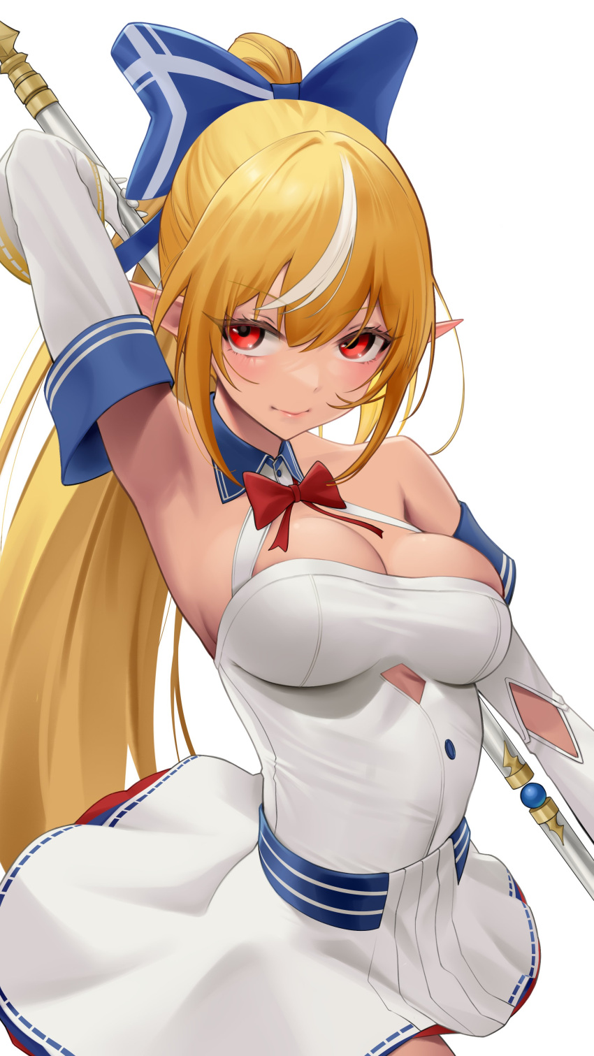 1girl absurdres armpits blonde_hair bow bowtie breasts dark-skinned_female dark_skin detached_sleeves dress elf gloves hair_bow highres hololive long_hair medium_breasts multicolored_hair pointy_ears ponytail red_bow red_bowtie red_eyes shiranui_flare shiranui_flare_(1st_costume) simple_background solo somebody_(leiking00) staff streaked_hair very_long_hair virtual_youtuber white_background white_dress white_gloves white_hair