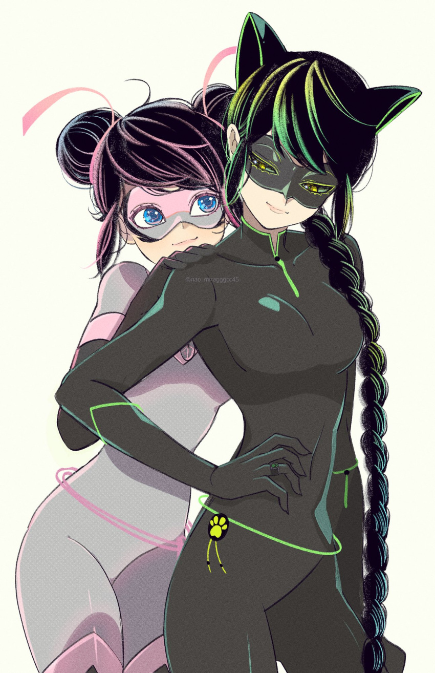 2girls animal_ears black_bodysuit black_hair black_mask bodysuit braid cat_ears cat_girl double_bun grey_bodysuit grey_mask hair_bun highres lady_noir long_hair looking_at_another looking_at_viewer marinette_dupain-cheng mask miraculous_ladybug multimouse_(character) multiple_girls seio_(nao_miragggcc45) simple_background single_braid slit_pupils smile superhero_costume white_background yellow_eyes