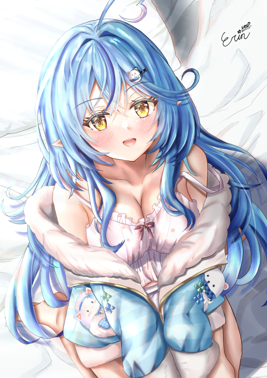1girl ahoge animal_ears bare_legs bare_shoulders barefoot bear bed_sheet blue_hair blue_headband blue_jacket blue_scarf breasts camisole chibi cleavage collarbone crossed_bangs daifuku_(yukihana_lamy) dot_nose frilled_camisole frills fur-trimmed_jacket fur_trim gold_trim hair_between_eyes hair_ornament hairclip headband highres hololive jacket light_blush long_hair messy_hair nqa22616 off_shoulder on_bed open_clothes open_jacket open_mouth pillow pointy_ears polka_dot_camisole scarf sidelocks signature spaghetti_strap sunlight teeth upper_teeth_only very_long_hair virtual_youtuber white_camisole yellow_eyes yukihana_lamy yukihana_lamy_(loungewear) yukimin_(yukihana_lamy)