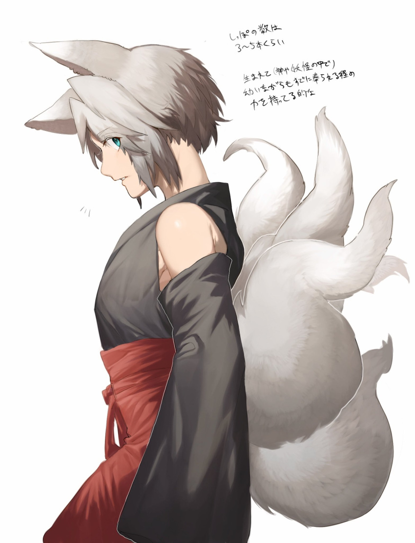 1boy aged_down alternate_costume alternate_universe animal_ears black_kimono blue_eyes commentary_request detached_sleeves final_fantasy final_fantasy_vii final_fantasy_vii_ever_crisis fox_boy fox_ears fox_tail from_side grey_hair hakama hattouissenbaka highres japanese_clothes kemonomimi_mode kimono looking_to_the_side male_focus multiple_tails notice_lines red_hakama red_sash sash sephiroth short_hair simple_background sleeveless sleeveless_kimono slit_pupils solo tail translation_request upper_body white_background