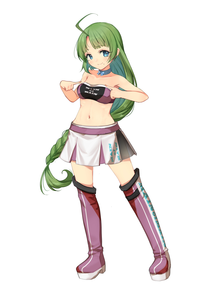 1girl absurdres ahoge bandeau bare_shoulders blue_eyes boots braid breasts full_body green_hair highres kantai_collection long_hair medium_breasts midriff mole mole_under_mouth pink_bandeau race_queen simple_background single_braid skirt smile thigh_boots very_long_hair white_background yashin_(yasinz) yuugumo_(kancolle)