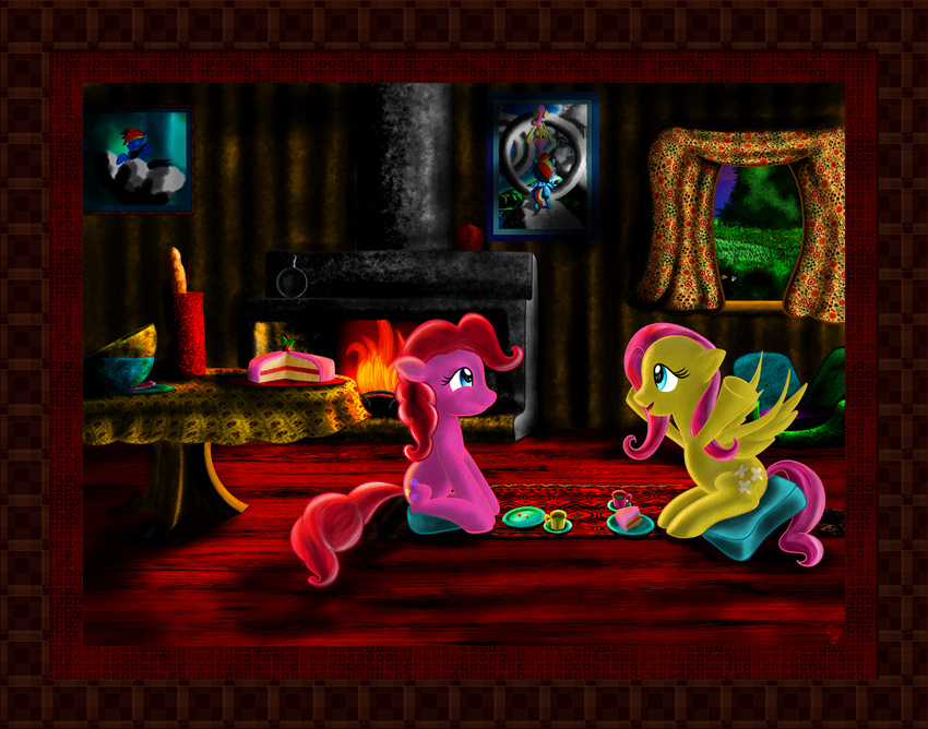 baked_goods blue_eyes cake chaosdrop chatting curtains cushion cutie_mark duo equine excited female feral fireplace fluttershy_(mlp) food friendship_is_magic fur hair hasbro horse inside mammal my_little_pony night painting pegasus pink_body pink_fur pink_hair pinkie_pie_(mlp) plate pony table table_cloth tea window wings yellow_body