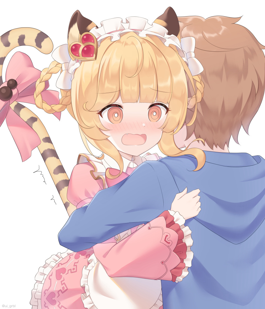 1boy 1girl @_@ absurdres alternate_costume alternate_hairstyle amaama_(user_mepv2353) animal_ears apron blonde_hair commentary_request enmaided fang gran_(granblue_fantasy) granblue_fantasy hair_between_eyes hair_ornament hair_rings highres hug maid maid_headdress open_mouth ribbon simple_background tail tail_ornament tail_ribbon tiger_ears tiger_tail white_background