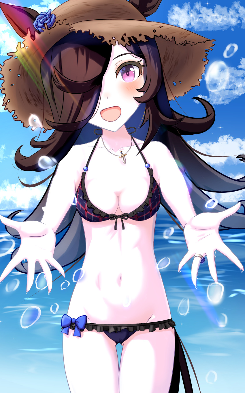 1girl absurdres animal_ears bikini black_hair blush breasts cleavage cloud collarbone commentary_request groin hat highres horse_ears horse_tail jewelry lens_flare long_hair looking_at_viewer nagonago10 navel necklace open_mouth pov rice_shower_(umamusume) sky small_breasts solo straw_hat swimsuit tail umamusume water