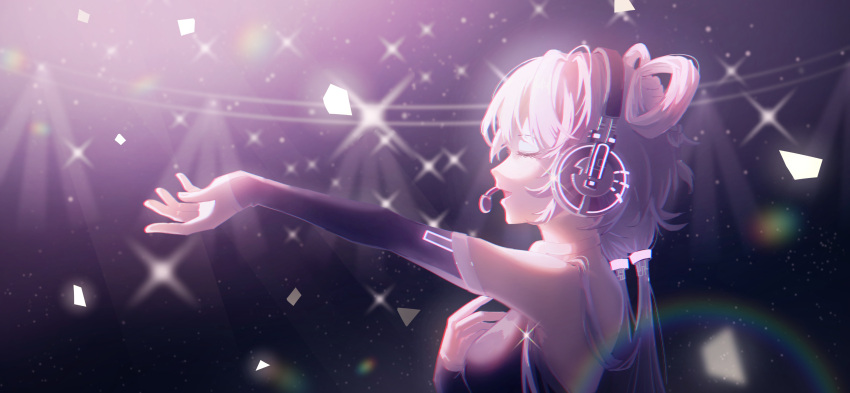 1girl :d absurdres black_sleeves closed_eyes detached_sleeves from_side headphones headset highres ji_ye_fan_sheng long_hair long_sleeves low_twintails luo_tianyi microphone music open_mouth outstretched_arm pink_hair profile singing smile solo sparkle twintails upper_body vocaloid