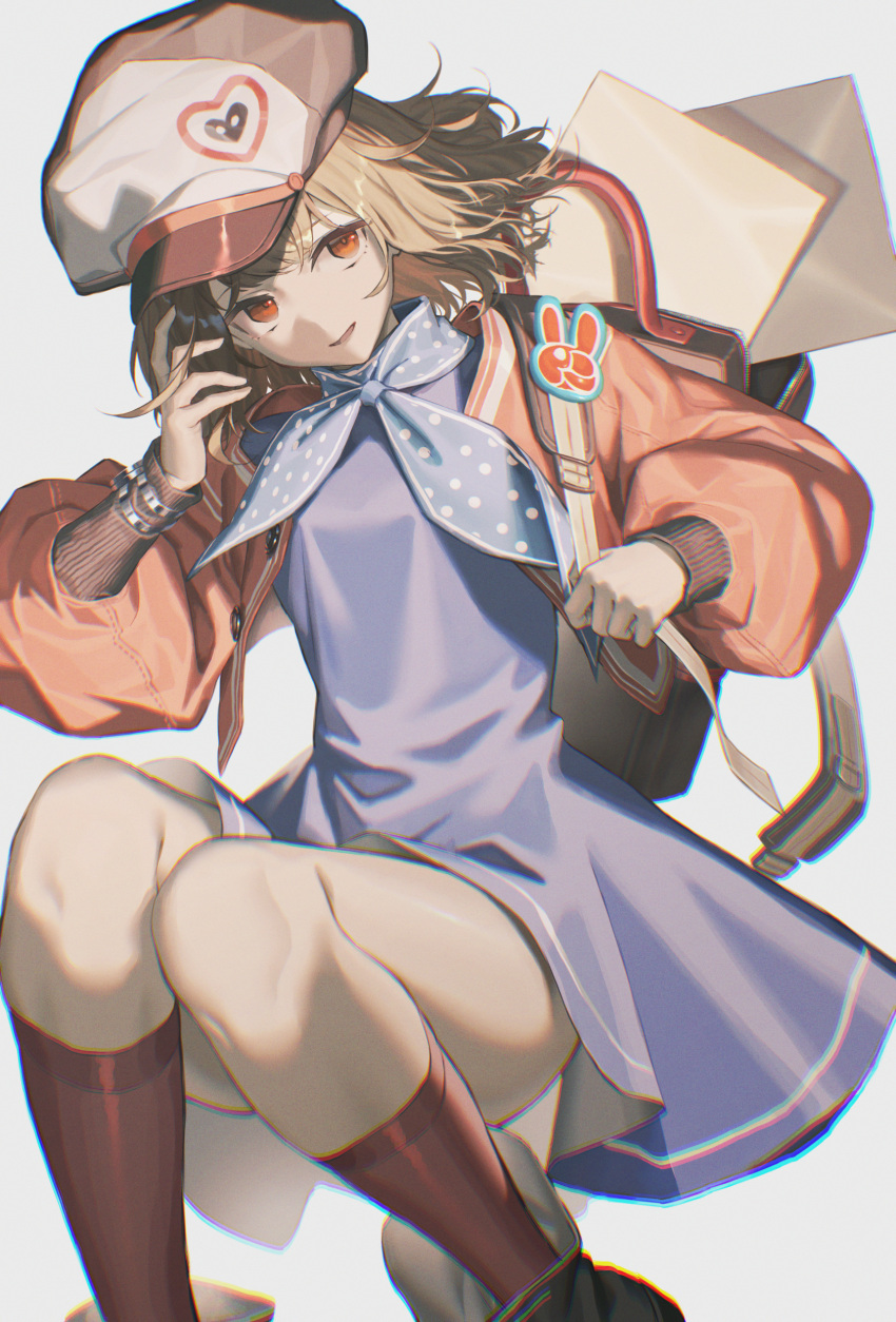 1girl absurdres backpack bag blue_dress brown_eyes brown_hair dress feet_out_of_frame fuurin_sou hat highres jacket kneehighs knees_together_feet_apart long_sleeves medium_hair open_clothes open_jacket orange_jacket parted_lips puffy_long_sleeves puffy_sleeves red_socks regulus_(reverse:1999) reverse:1999 simple_background socks solo