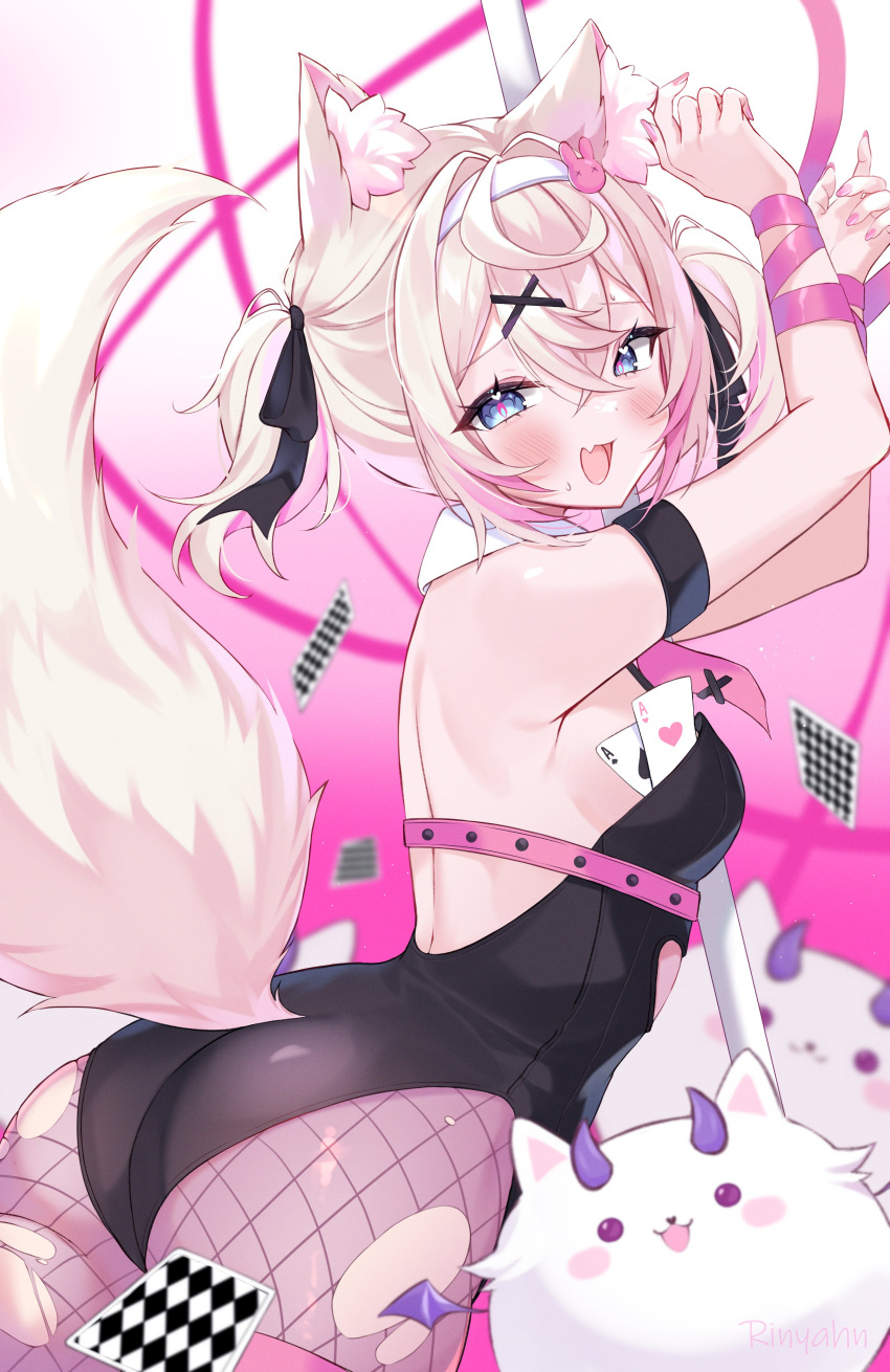 1girl absurdres ace_(playing_card) alternate_costume alternate_hairstyle animal_ear_fluff animal_ears ass backless_leotard black_leotard black_ribbon blonde_hair blue_eyes blush bound breasts card clothing_cutout commentary crossed_bangs detached_collar dog_ears dog_girl dog_tail double-parted_bangs fishnet_pantyhose fishnets from_side hair_intakes hair_ornament hair_ribbon hairband hand_up heart_cutout highres hololive hololive_english leotard medium_breasts mococo_abyssgard multicolored_hair necktie pantyhose perroccino_(fuwamoco) pink_hair pink_nails pink_necktie playboy_bunny playing_card pole rabbit_hair_ornament rabbit_hole_(vocaloid) ri_nyahn ribbon sideboob solo streaked_hair stripper_pole tail torn_clothes torn_pantyhose twintails virtual_youtuber white_hairband x_hair_ornament