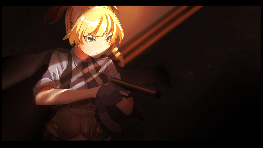 1girl black_gloves black_jacket black_necktie black_vest blonde_hair bolt_action braid closed_mouth collared_shirt commentary_request dress_shirt girls'_frontline gloves green_eyes grey_shirt gun half_gloves handgun highres holding holding_gun holding_weapon jacket jacket_on_shoulders kuro_kosyou letterboxed name_connection necktie object_namesake shirt short_sleeves solo upper_body v-shaped_eyebrows vest weapon welrod welrod_mkii_(girls'_frontline)