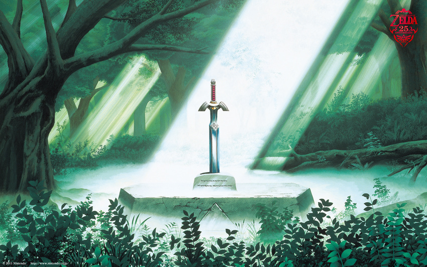 highres light_rays master_sword nature no_humans official_art pedestal planted_sword planted_weapon scenery sunbeam sunlight sword the_legend_of_zelda tree wallpaper weapon