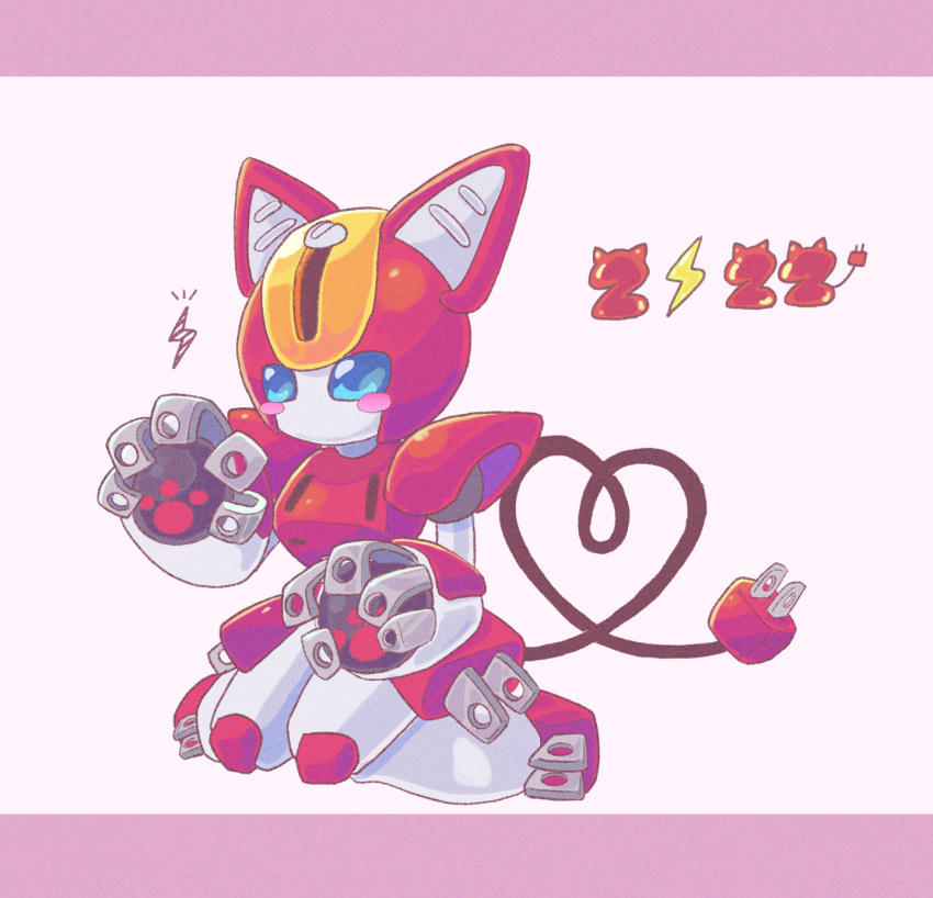 1girl ainetakada animal_ears animal_hands blue_eyes blush cat_ears cat_paws electric_plug_tail helmet highres humanoid_robot kneeling medarot no_mouth oversized_forearms oversized_limbs pepper_cat robot robot_girl science_fiction solo tail