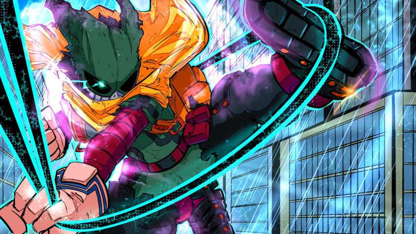 1boy belt black_hair black_sclera bodysuit boku_no_hero_academia boots buckle building city cityscape cloud colored_sclera gloves glowing glowing_eye green_bodysuit green_eyes highres male_focus mask midoriya_izuku mouth_mask one_eye_covered rain scarf sky snap-fit_buckle solo sonchapo superhero_costume swinging torn_clothes torn_mask torn_scarf utility_belt white_gloves yellow_scarf